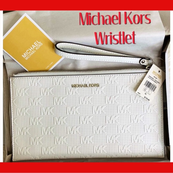 Michael Kors Handbags - Michael Kors Large Zip Clutch, “Jet Set” Signature, Branded, White, NWT